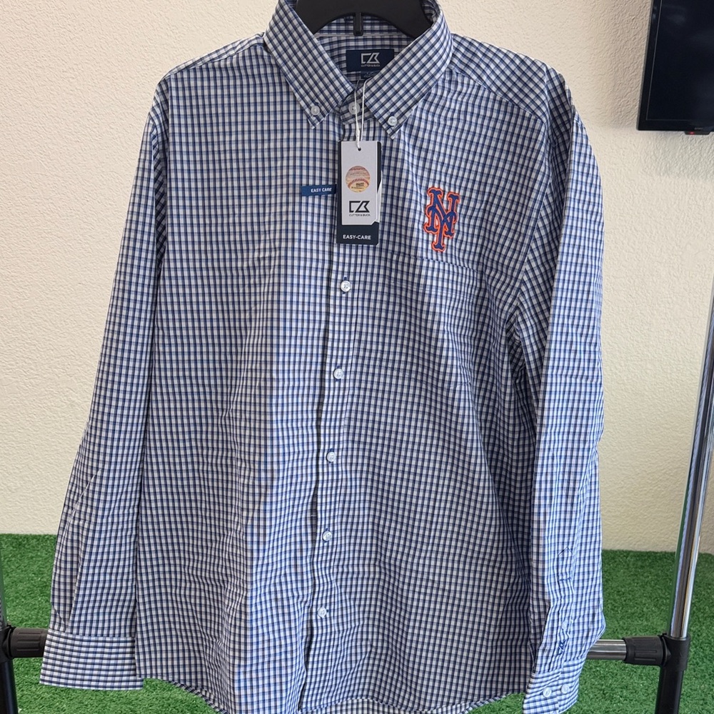 Men's Cutter & Buck New York Mets checkered Button down shirt. Large, NWT